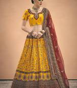 Mustard Embroidered Satin Semi Stitched Lehenga