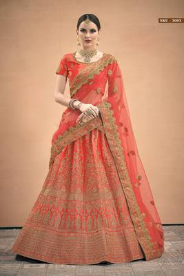Red Embroidered Satin Semi Stitched Lehenga 1