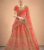 Red Embroidered Satin Semi Stitched Lehenga