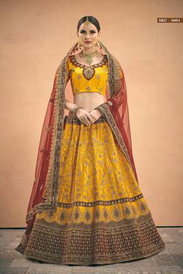 Mustard Embroidered Satin Semi Stitched Lehenga 2