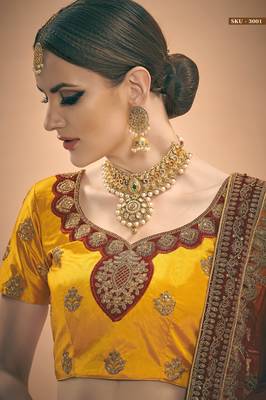 Mustard Embroidered Satin Semi Stitched Lehenga 3