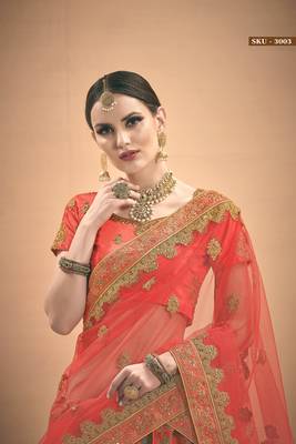 Red Embroidered Satin Semi Stitched Lehenga 3