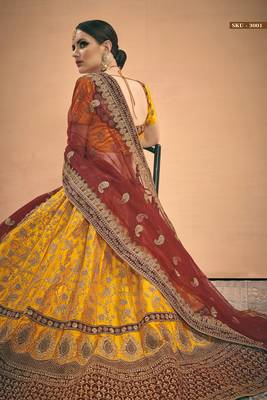Mustard Embroidered Satin Semi Stitched Lehenga 4