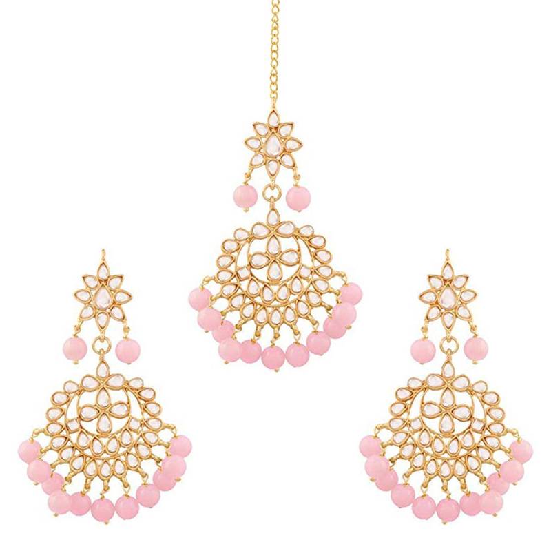 Traditional Pink Pearl And Kundan Maang Tikka With Earring Set For Women