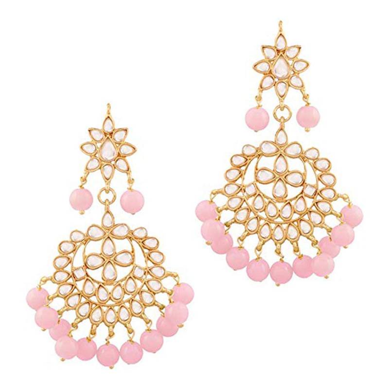 Traditional Pink Pearl And Kundan Maang Tikka With Earring Set For Women