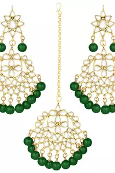 Traditional Gold Plated Pearl & Kundan Maang Tikka With Earring Set