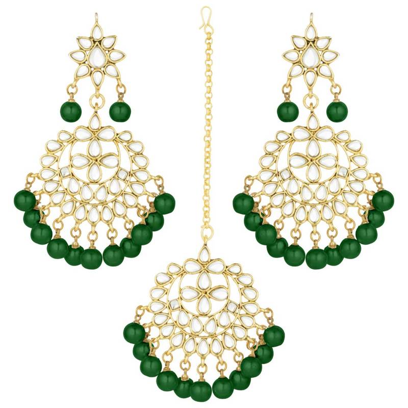Traditional Gold Plated Pearl & Kundan Maang Tikka With Earring Set