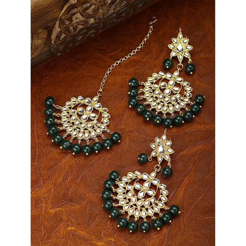 Traditional Gold Plated Pearl & Kundan Maang Tikka With Earring Set
