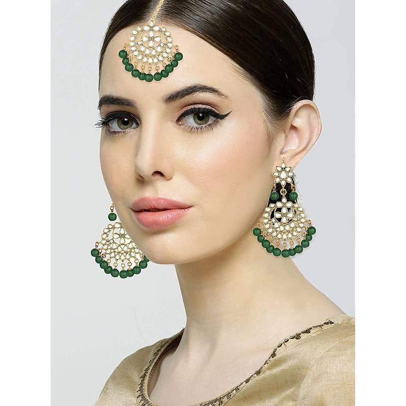 Traditional Gold Plated Pearl & Kundan Maang Tikka With Earring Set