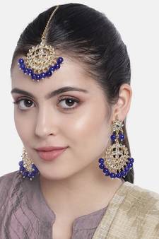 Traditional Pearl And Blue Kundan Maang Tikka With Earring Set For Women