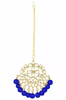 Traditional Pearl And Blue Kundan Maang Tikka With Earring Set For Women