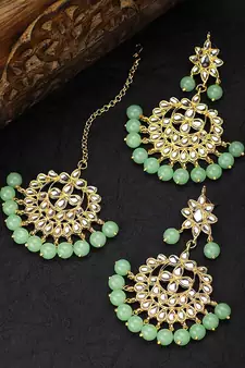 Traditional Kundan Pearl Earrings & Maang Tikka For Women