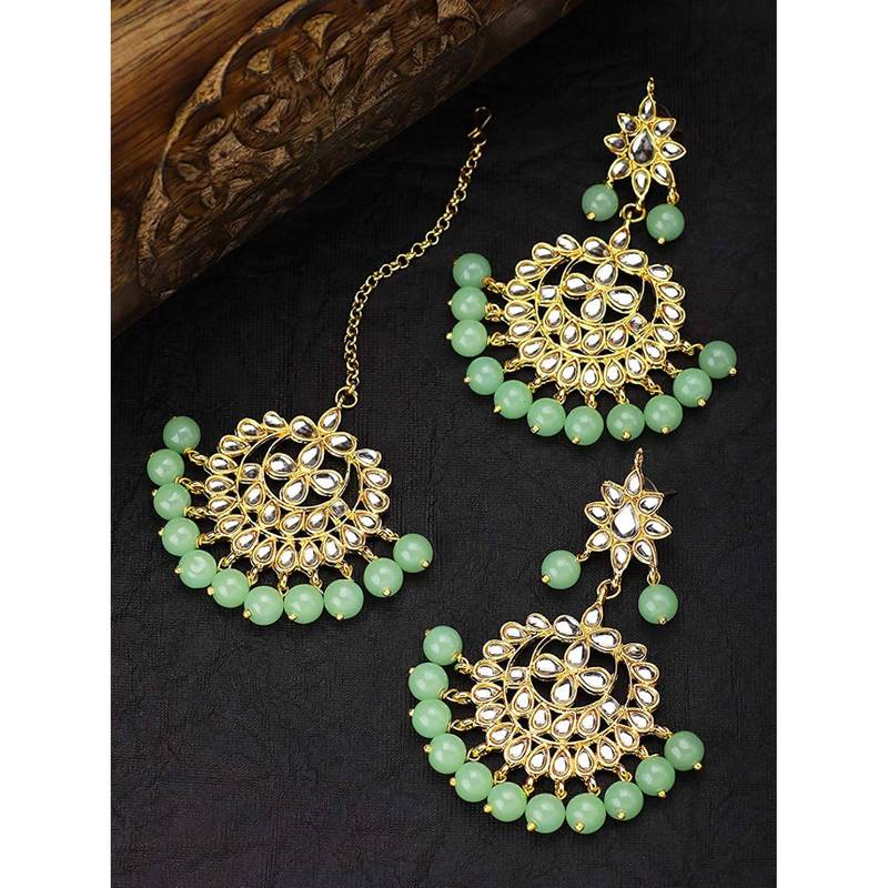Traditional Kundan Pearl Earrings & Maang Tikka For Women