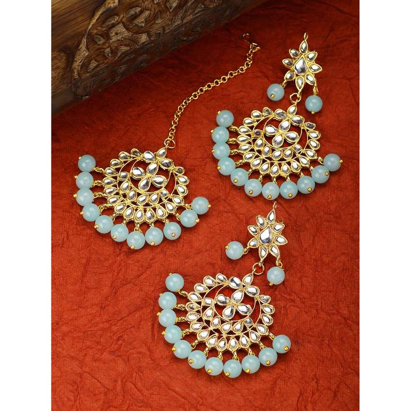 Gold Plated Traditional Kundan Pearl Earrings & Maang Tikka For Women
