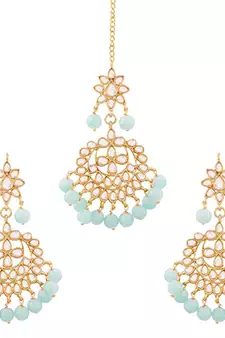 Gold Plated Traditional Kundan Pearl Earrings & Maang Tikka For Women