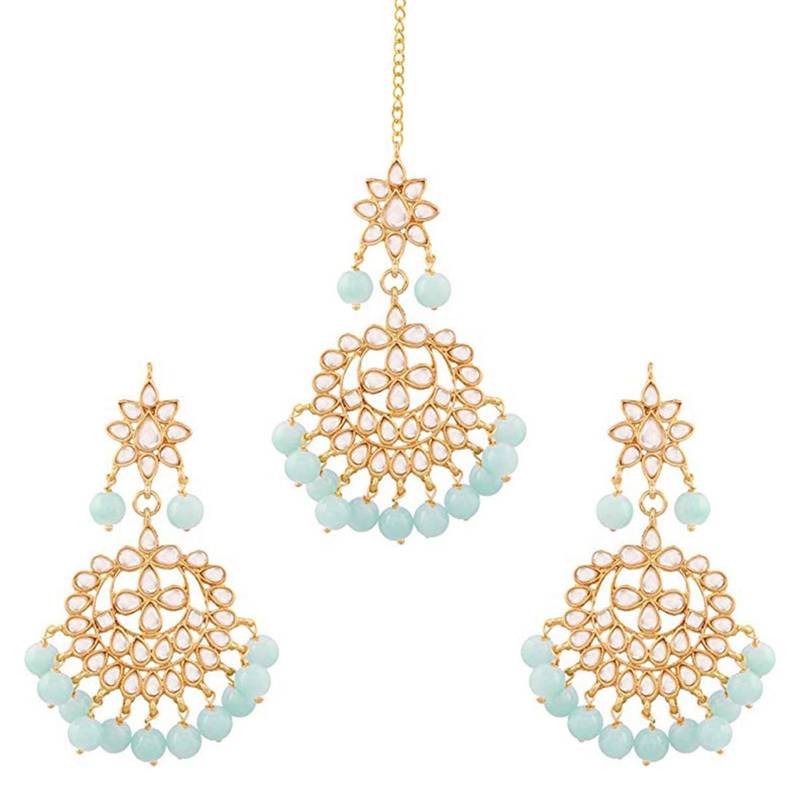 Gold Plated Traditional Kundan Pearl Earrings & Maang Tikka For Women