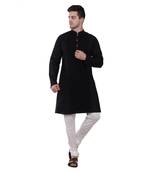 Black Embroidered Cotton Men Kurta 