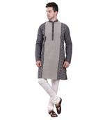 Grey Embroidered Cotton Men Kurta 