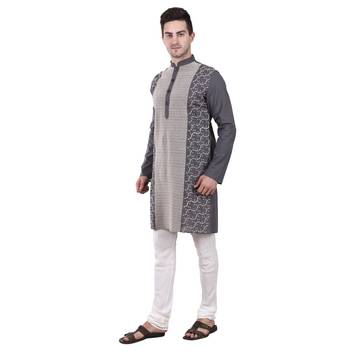 Grey Embroidered Cotton Men Kurta  2
