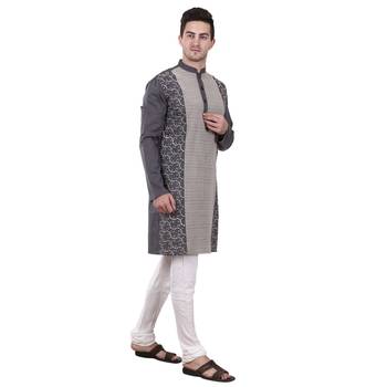 Grey Embroidered Cotton Men Kurta  3