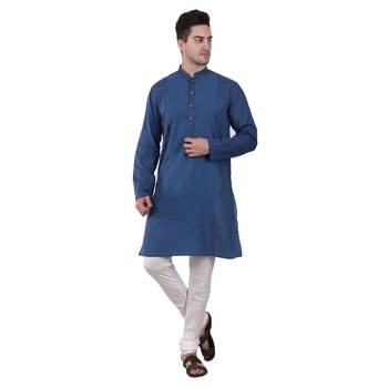Blue Embroidered Cotton Men Kurta  1