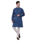 Blue Embroidered Cotton Men Kurta 