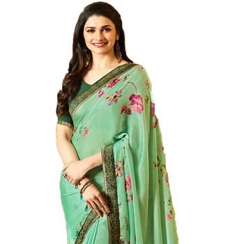 green printed georgette saree with blouse 1