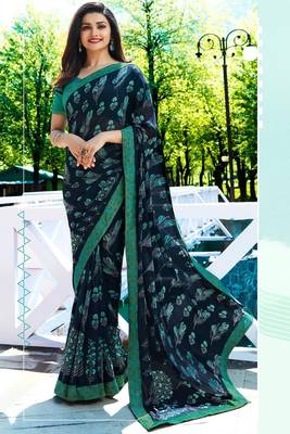 blue printed georgette saree with blouse 1