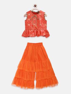 Orange printed jacquard girls-top-bottom 1