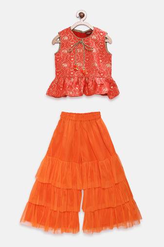 Orange printed jacquard girls-top-bottom