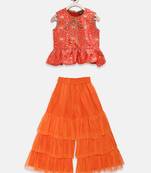 Orange printed jacquard girls-top-bottom