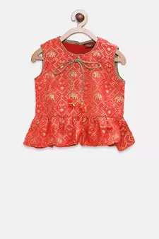 Orange printed jacquard girls-top-bottom