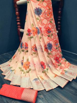 peach printed linen saree with blouse 1