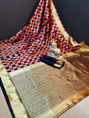 blue printed silk blend saree with blouse 1