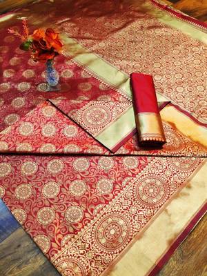 red printed silk blend saree with blouse 1