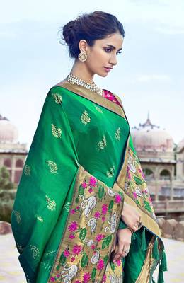 Green woven banarasi silk saree with blouse 2