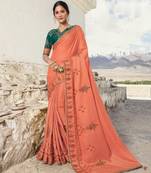 Dark Peach Embroidered Silk Blend Saree With Blouse