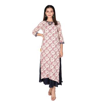 Women's Maroon Cotton Printed Long Kurti 1