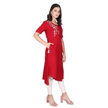 Women's Maroon Rayon Embroidered Front Slit Kurti 2