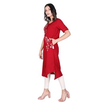 Women's Maroon Rayon Embroidered Front Slit Kurti 4