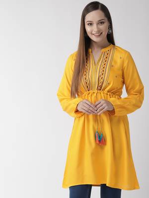 Yellow embroidered viscose rayon short-dresses
 1