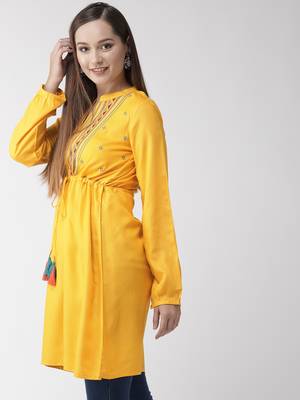 Yellow embroidered viscose rayon short-dresses
 3