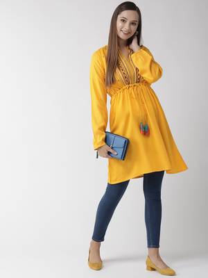 Yellow embroidered viscose rayon short-dresses
 4