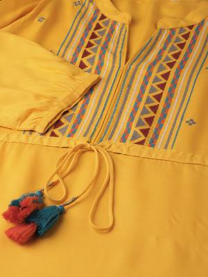 Yellow embroidered viscose rayon short-dresses
 5