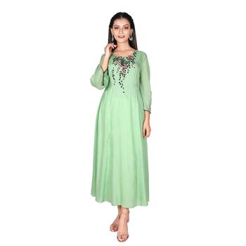 Women’s Pista Green Modal Solid Embroidery Long Kurti 1