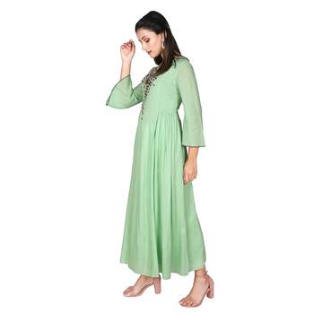 Women’s Pista Green Modal Solid Embroidery Long Kurti 4