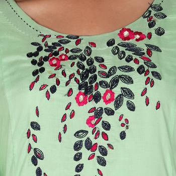 Women’s Pista Green Modal Solid Embroidery Long Kurti 5