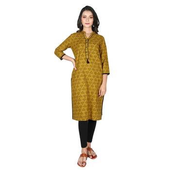 Women’s Mahendi Green Cotton Printed Straight Kurti with Tassels 1