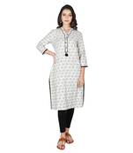 Women’s off white Cotton Printed Straight Kurti with Tassels