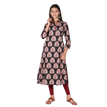 Women’s Black Cotton High Low Printed A-line Kurti 1